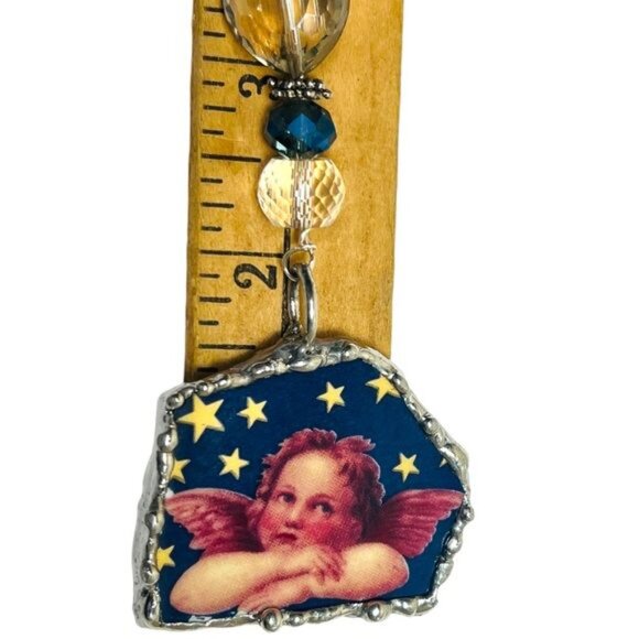 Cherub Broken China Pendant Caged in Silver Blend Metalwork with Crystal Beads - Picture 4 of 15